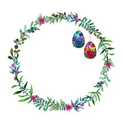 Easter watercolor wreath with plants and colorful eggs.