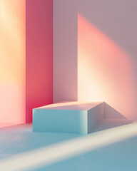 A blue cube is sitting in a room with a pink wall