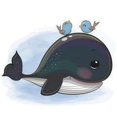 Cartoon black whale and two birds