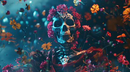 Dia de los muertos, beautiful skeleton human goddess wearing a silk gown wrap, surrounded by floating flower pedals. - obrazy, fototapety, plakaty
