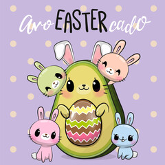 Easter Cartoon Avocado with egg pit and four rabbits