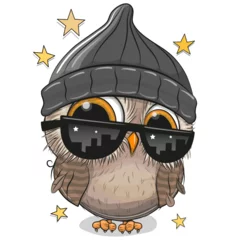 Rolgordijnen Kinderkamer Cartoon Owl with sun glasses and black hat