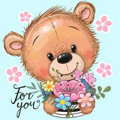 Cute Cartoon Teddy Bear with flowers on a blue background