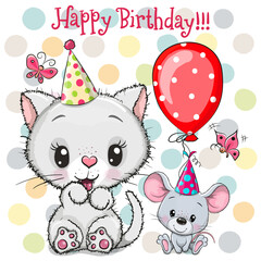 Birthday card with Cute White Kitty and mouse