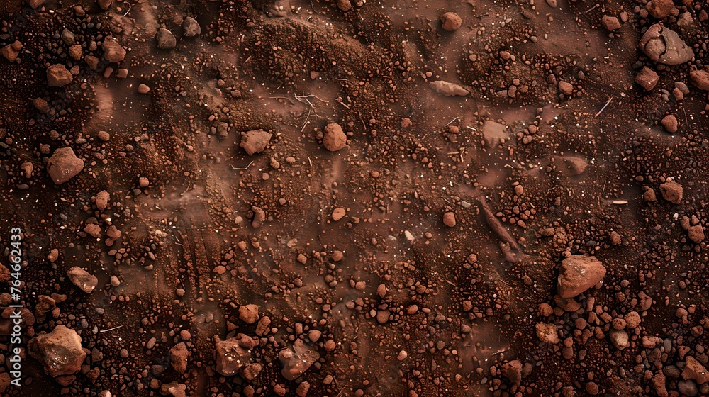 Poster close-up of a textured soil surface with scattered pebbles. earthy tones and natural patterns. ideal