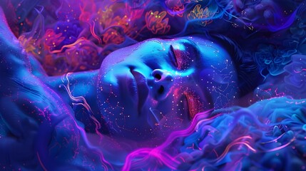 In a psychedelic dream, a female image surrounded by bright neon colors is intertwined with neural networks, creating a surreal picture.