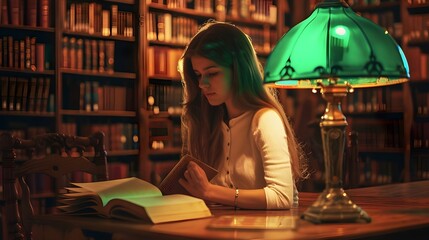 In the university library, a young girl studies books in depth, trying to uncover new aspects of the educational material.