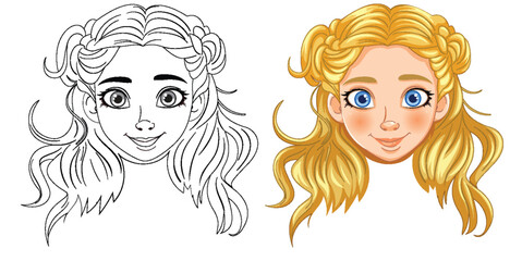 Vector illustration of a girl, black and white to color