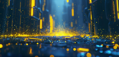 Deep indigo and sunny yellow fuse in a spellbinding 8K futuristic scene,