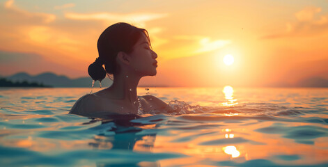 woman relaxing in pool water at sunset, in the style of vacation photography, serene faces, backlight, joyful and optimistic.Ai