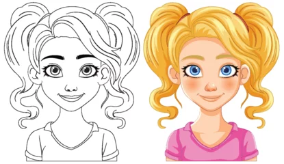 Stof per meter Kinderen Vector illustration of a girl, black and white and colored versions.