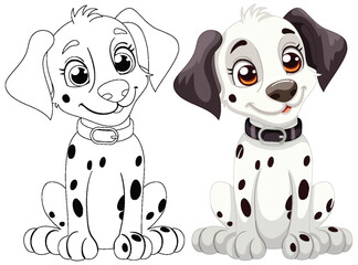 Two cute spotted Dalmatian puppies smiling.