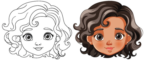 Two cartoon kids with different hairstyles and features. - 764662851
