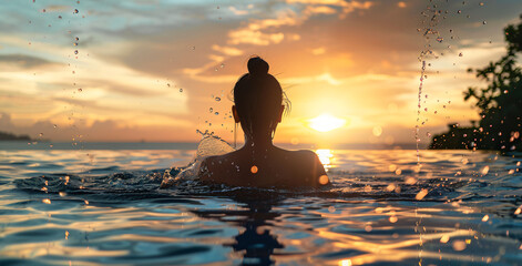 silhouette of woman relaxing in water at sunset, in the style of emotional sensitivity, serene faces, backlight, joyful and optimistic.Ai