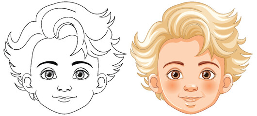 Vector illustration of a child's face, before and after coloring