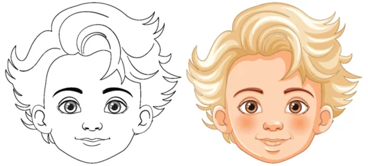 Gordijnen Vector illustration of a child's face, before and after coloring © GraphicsRF