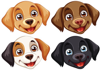 Four cheerful cartoon dog faces smiling.