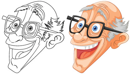 Two stages of a cartoon face, from sketch to color