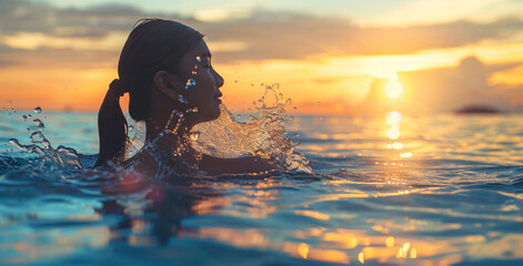 a girl bathing at sea. silhouette of woman relaxing in water at sunset, in the style of emotional sensitivity, serene faces, backlight, joyful and optimistic.Ai