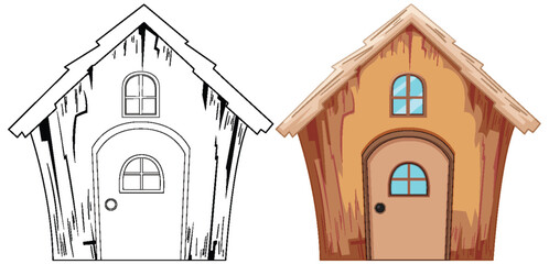 Two stages of a house illustration, sketch to color