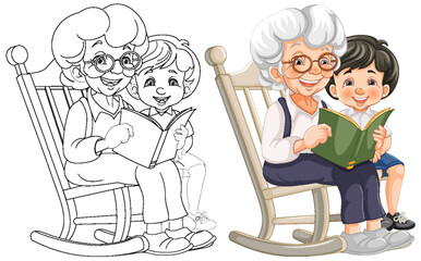 Colorful and line art of a grandmother and child reading.