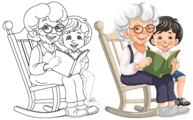 Türaufkleber Kinder Colorful and line art of a grandmother and child reading.
