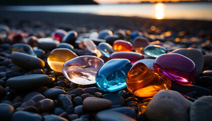 Luminous Glass Stones on Riverbank at Golden Hour with Copy Space