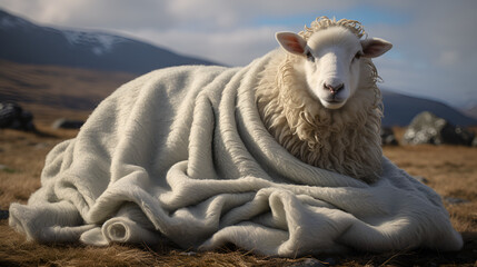 sheep in the mountains covered with woolen white color blanket, sheep in the woolen blanket 