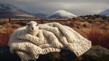 White Lamb covered with woolen white color blanket, lamb in a woolen blanket, 