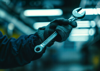 A man's hand holding a large wrench in front of a mechanic's garage - 764663605