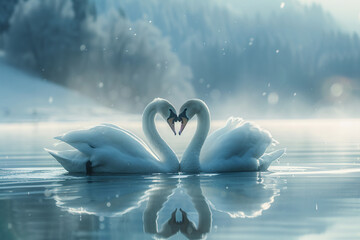 Swan Fall in Love, Birds Couple Kiss, Two Animal Heart Shape, blue lake water 
