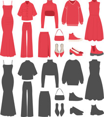 set of red fashionable women's clothing, vector