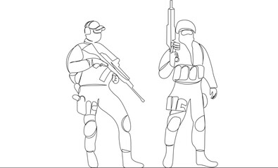 soldiers with weapons, sketch, outline, vector
