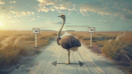 An ostrich at a crossroads, contemplating paths marked with diverse strategies, embodies business acumen and strategic decision-making.