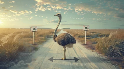 Foto op Canvas An ostrich at a crossroads, contemplating paths marked with diverse strategies, embodies business acumen and strategic decision-making. © Manyapha
