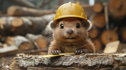 A diligent beaver in a hard hat meticulously examines a wooden structure with a level, showcasing precise construction oversight.