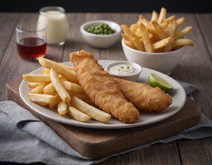 fish and chips plate with white sauce and lemon