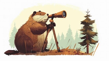 Observing through a telescope, the beaver strategizes future projects, embodying foresight crucial in business growth. - obrazy, fototapety, plakaty