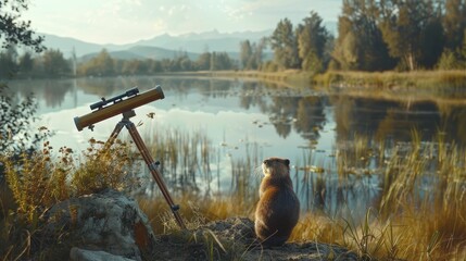 Observing through a telescope, a diligent beaver strategizes future builds, exemplifying foresight crucial in business growth. - obrazy, fototapety, plakaty