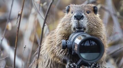Observing through a telescope, a beaver strategizes future projects, epitomizing forward-thinking in business growth. - obrazy, fototapety, plakaty