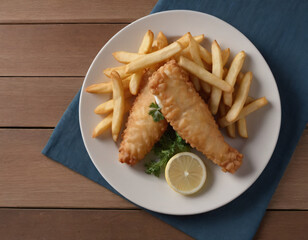fish and chips plate with lemon slice