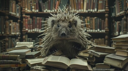 An unlikely guardian of wisdom, the porcupine's quills protect the library's treasures, symbolizing the defense of knowledge. - obrazy, fototapety, plakaty