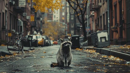 A savvy raccoon adeptly maneuvers through a bustling cityscape, showcasing astute adaptability and strategic market expansion. - obrazy, fototapety, plakaty