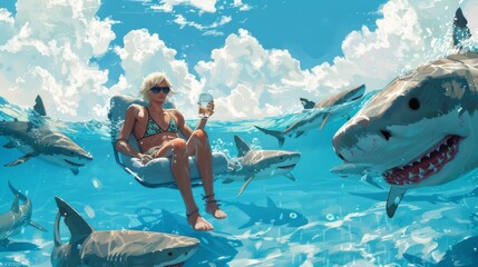 relaxed woman with a cocktail in the middle of the ocean surrounded by sharks - obrazy, fototapety, plakaty