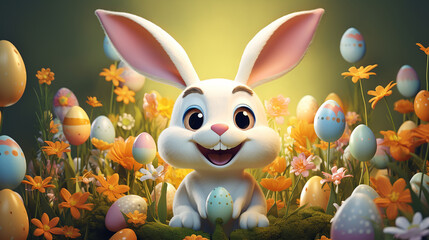 cartoon 3d illustration Photo easter bunny with eggs 