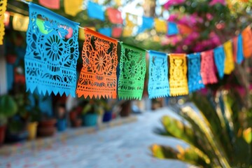 Colorful mexican perforated papel picado , festival colourful paper garland. AI Generated