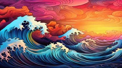 Poster Colourful  japanese ocean wave in the sunset. Ocean landscape decorative in oriental style. Japanese background with line wave © ribelco