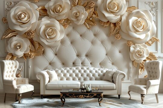 white sofa in a room, a bouquet of roses, and 3D wallpaper with an attractive design of gold-lining roses. 3D wallpaper with gold lining and rose decorative design.