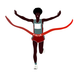A vector illustration depicting a dark-skinned runner crossing the finish line with arms outstretched, showing emotions of victory and triumph on a white background, symbolizing achievement and succes