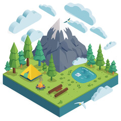 Isometric view of mountan and campsite by lake